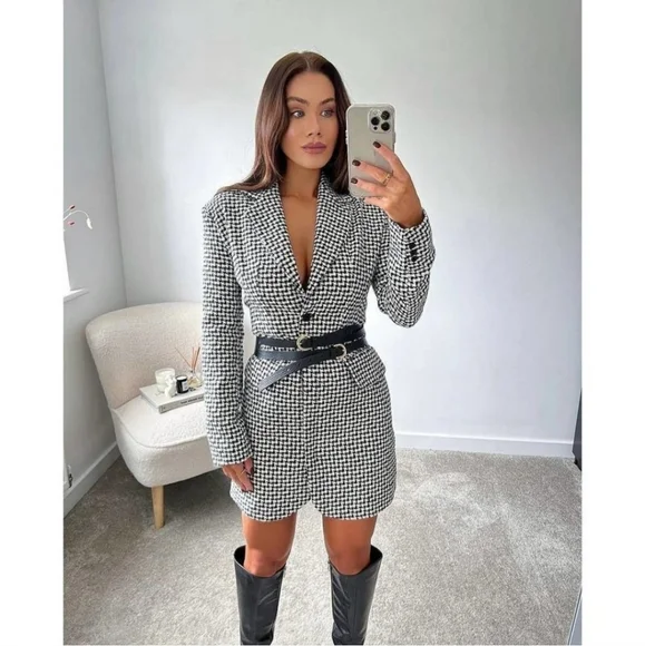 NWT Zara * Houndstooth Textured Tweed Blazer Dress Cut Out Size XS S - Picture 9 of 15